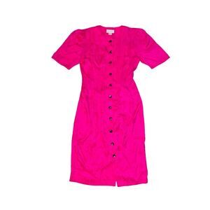 Adrianna Papell Vintage 100% Silk Hot Pink Front Button Up Midi Dress Size Small
